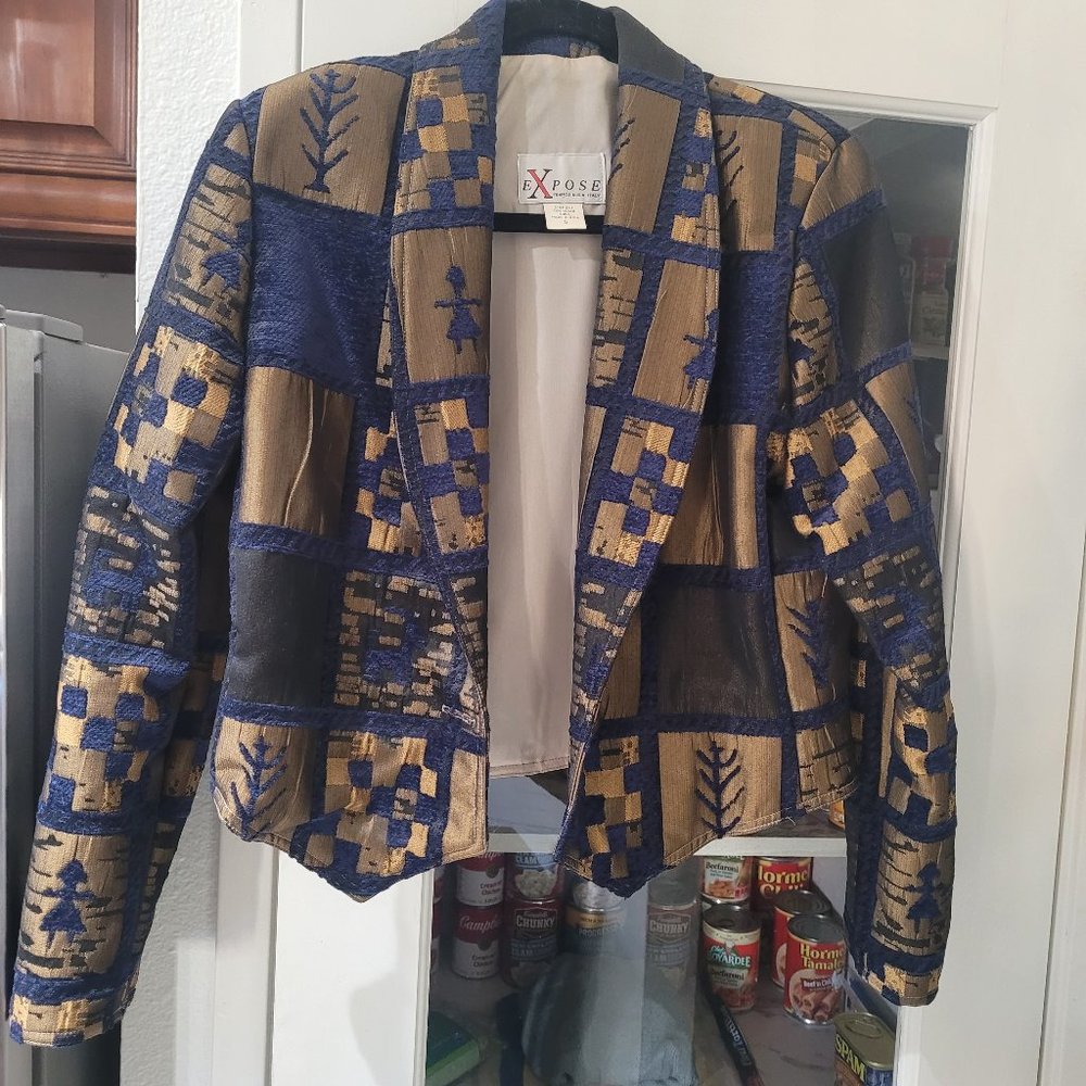Vintage, Ladies size Small. Fun jacket in gold and navy brocade. Worn once.